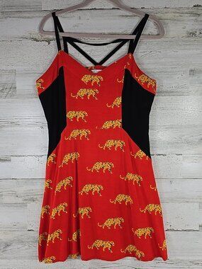 MADE for Impulse Red Cheetah Print Dress SZ L Rayon Crisscross Back Fit & Flare